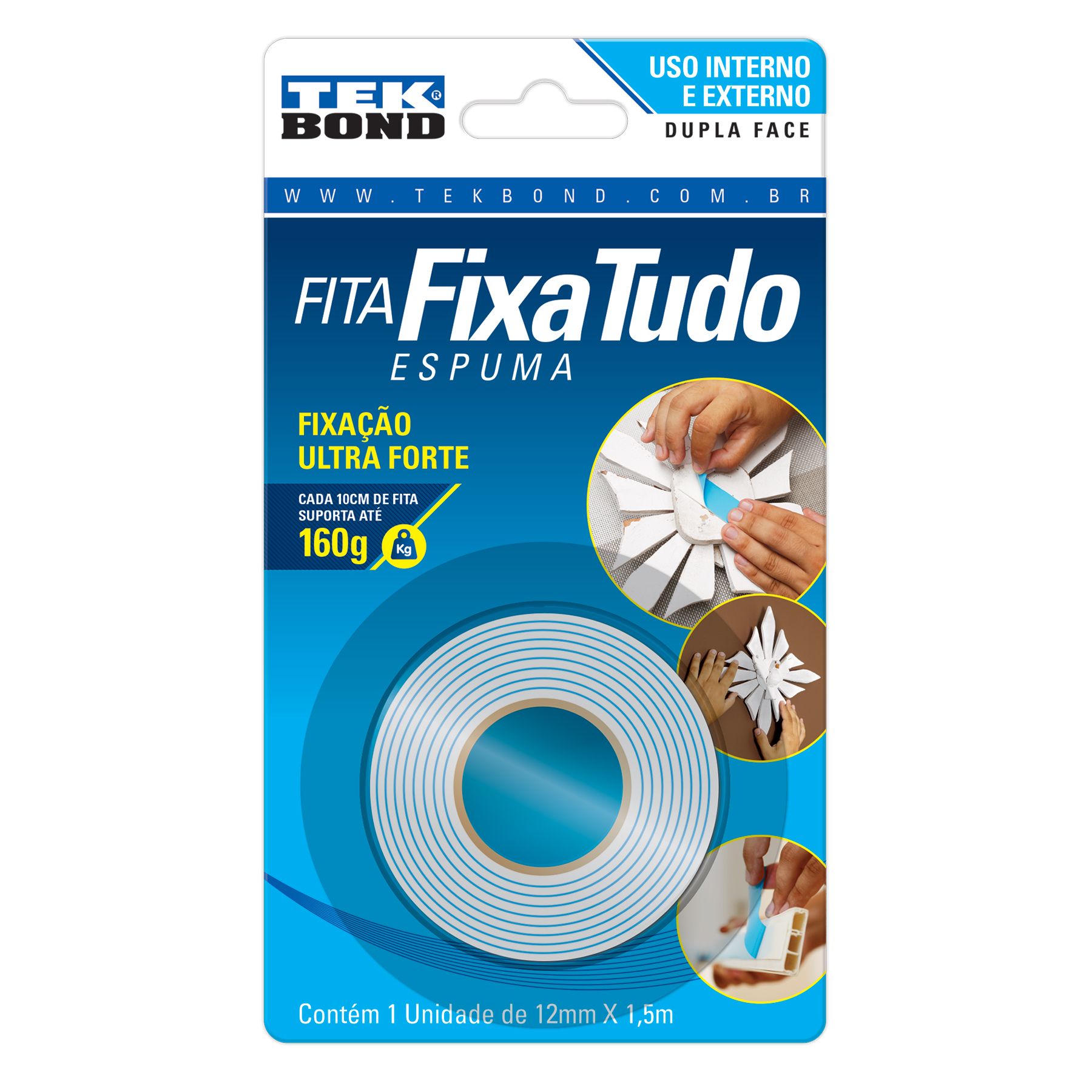 Fita Fixa Tudo Espuma Branca 12mm x 1,5m Tekbond