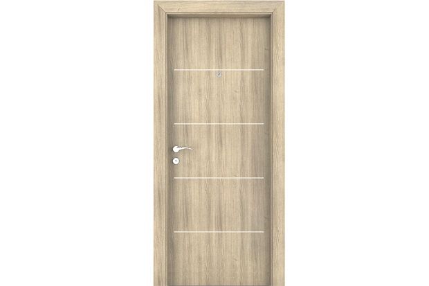 Folha de Porta em Madeira Pinus Recoberto Melaminico Carvalho Pescara com 4 Frisos Cromados 210x82cm