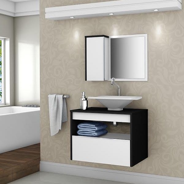 Gabinete para Banheiro com Espelho Genova 46x60 45cm Branco e Preto Móveis Bechara