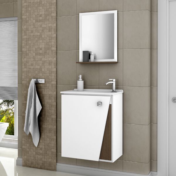 Gabinete para Banheiro com Espelho Lisboa 54x46x31,4cm Branco e Avelã Móveis Bechara