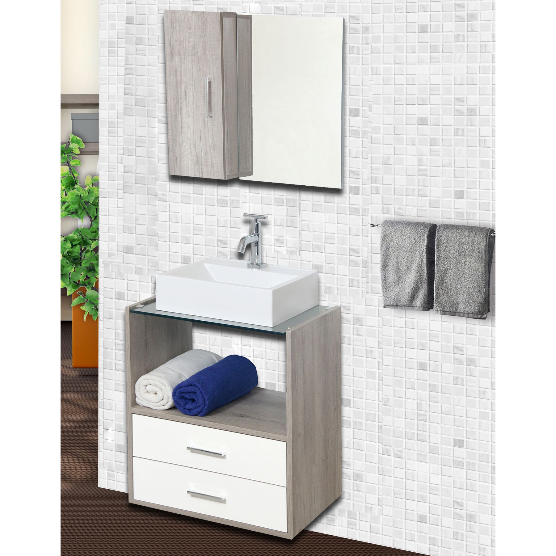 Gabinete para Banheiro com Espelho Lyon 50 57x50x40cm Barrique e Branco Sensea