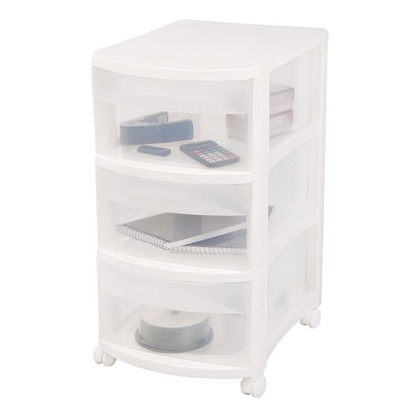 Gaveteiro Plástico Branco e Transparente 3 Gavetas 54,6x42x31cm com Rodas Ordene
