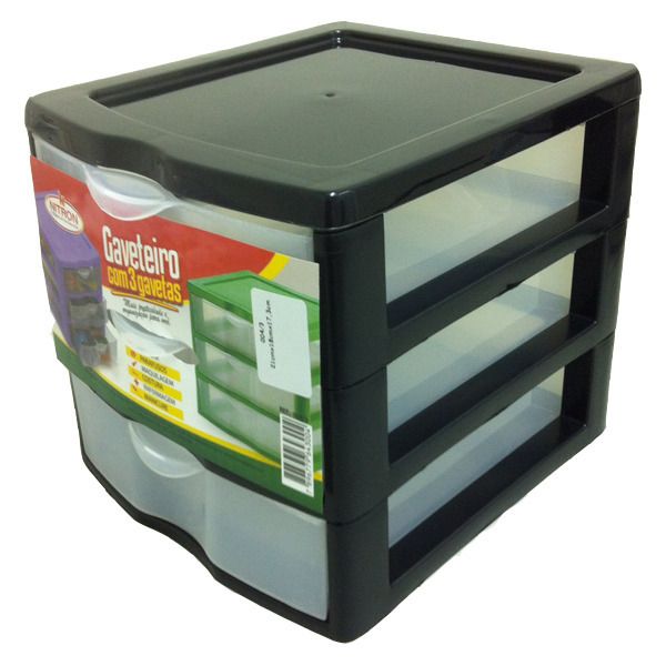 Gaveteiro Plástico Preto e Incolor 3 Gavetas 17,3x18x21cm sem Rodas Nitronplast