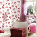 Papel de parede floral vermelho, branco e cinza Allegra vinílico 53cm x 10m Muresco