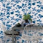 Papel de parede folhagem azul e branco Allegra vinílico 53cm x 10m Muresco