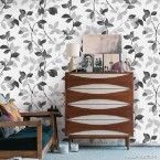 Papel de parede folhagem preto, prata e branco Allegra vinílico 53cm x 10m Muresco