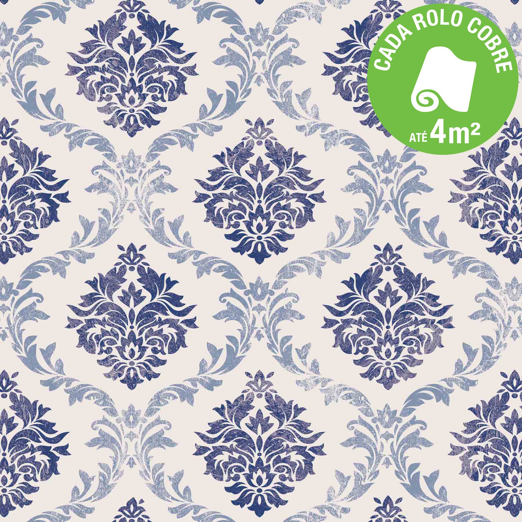 Papel de Parede Vinílico Arabesco Bege e Azul Rolo com 10m