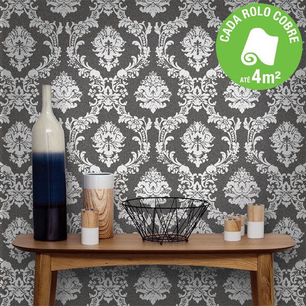 Papel de Parede Vinílico Arabesco Cinza Rolo com 10m