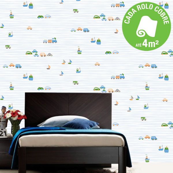 Papel de Parede Vinílico Carros Azul Rolo com 10m