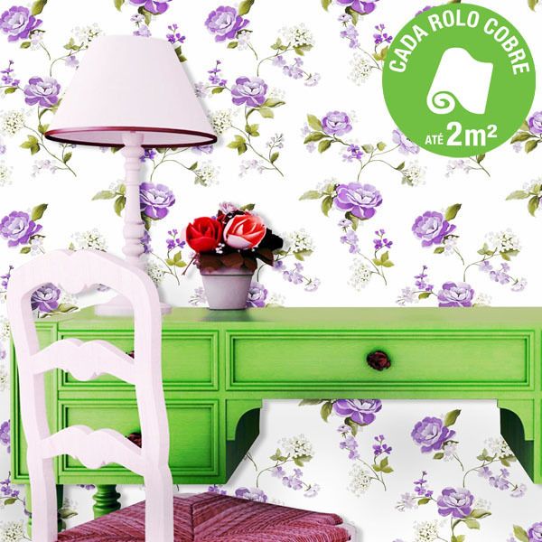 Papel de Parede Vinilizado Floral Roxo Rolo com 6m