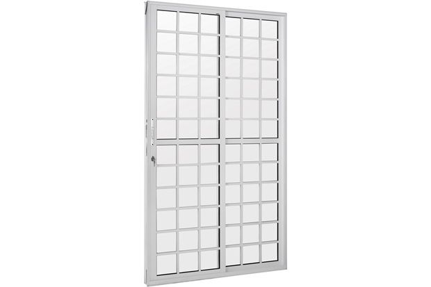 Porta Balcão 2 Folhas em Alumínio com Fechadura Linha Quadriculada Branca 210x150cm